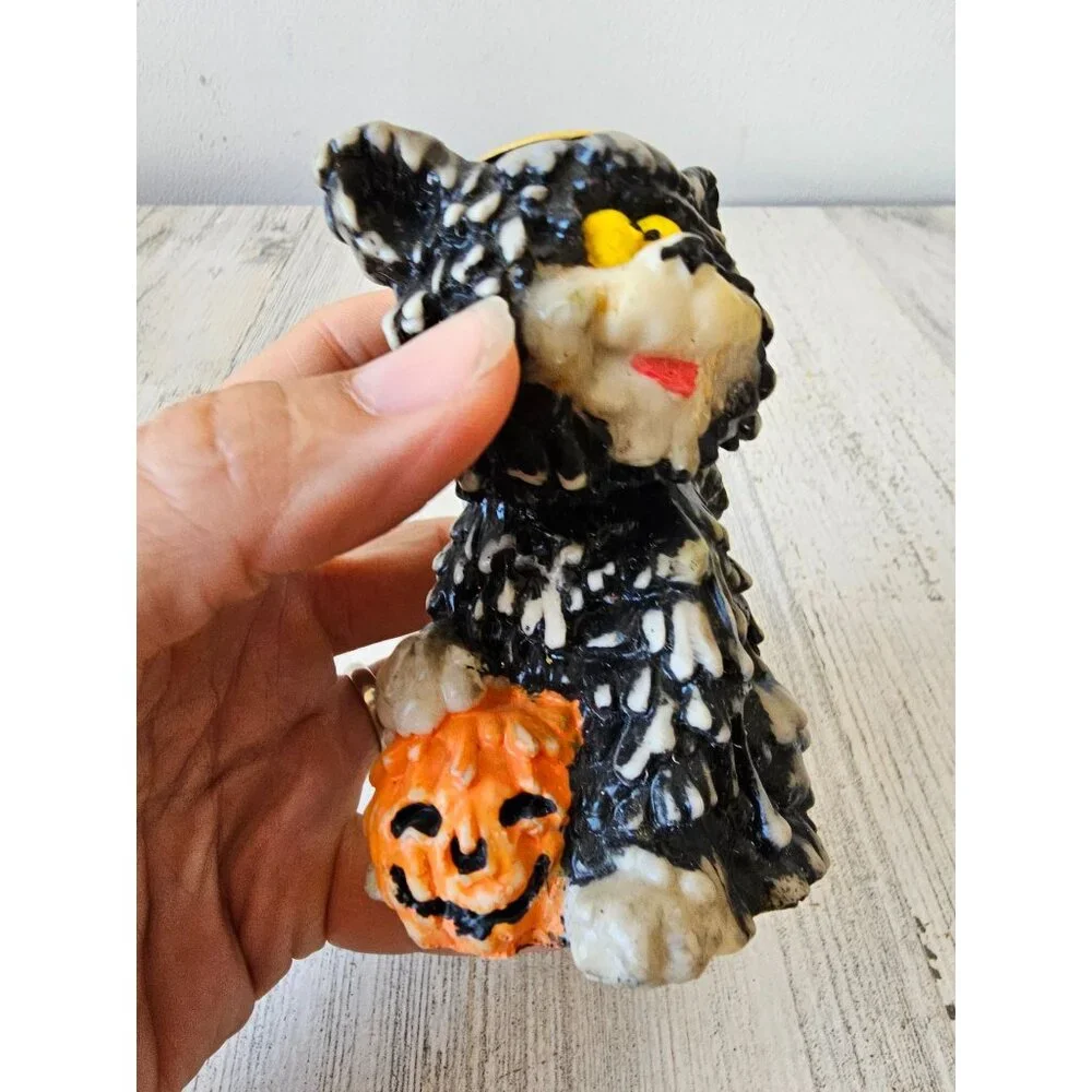 Vintage melted candle cat holder stick pumpkin jack-o'-lantern‎